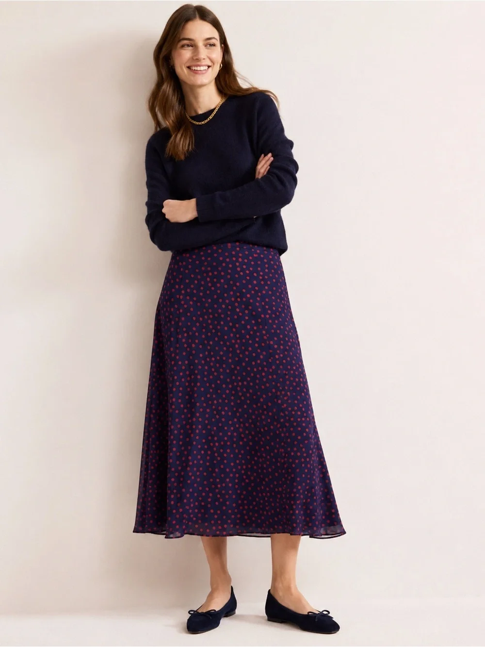 Boden Serena Navy Red Polka Dot Midi Flowy Skirt Size 14